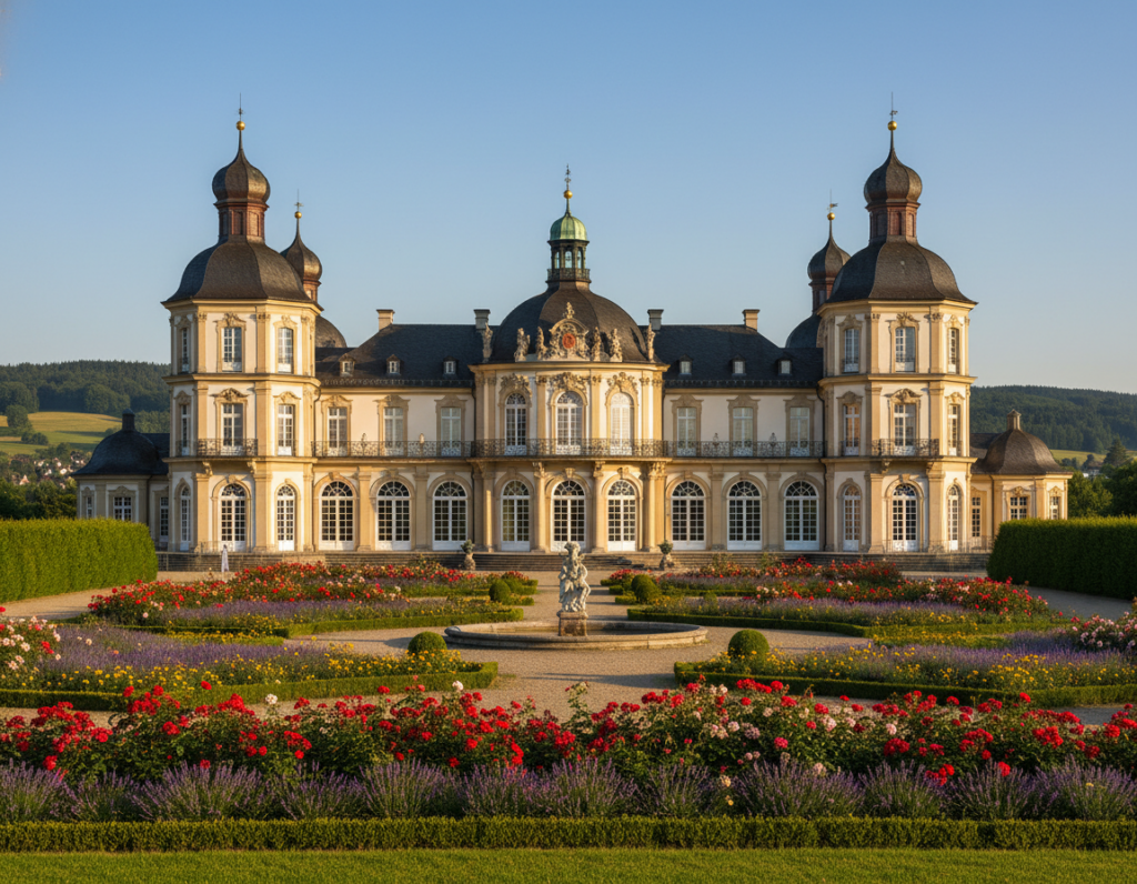 A grand view of Schloss Bensberg, a royal residence in Bergisch Gladbach, showcasing its elegant Baroque architecture and stunning façade. In the foreground, lush green gardens filled with vibrant flowers envelop the entrance, inviting visitors. The middle ground features the majestic structure of the palace, with its intricate detail on windows and balconies, towers topped with ornate domes. In the background, soft, rolling hills under a clear blue sky create a serene atmosphere. The scene is bathed in warm, golden sunlight, highlighting the textures of the building and casting gentle shadows. The image captures a sense of historical grandeur and tranquility, inviting viewers to appreciate its royal past. A grand view of Schloss Bensberg, a royal residence in Bergisch Gladbach, showcasing its elegant Baroque architecture and stunning façade. In the foreground, lush green gardens filled with vibrant flowers envelop the entrance, inviting visitors. The middle ground features the majestic structure of the palace, with its intricate detail on windows and balconies, towers topped with ornate domes. In the background, soft, rolling hills under a clear blue sky create a serene atmosphere. The scene is bathed in warm, golden sunlight, highlighting the textures of the building and casting gentle shadows. The image captures a sense of historical grandeur and tranquility, inviting viewers to appreciate its royal past.