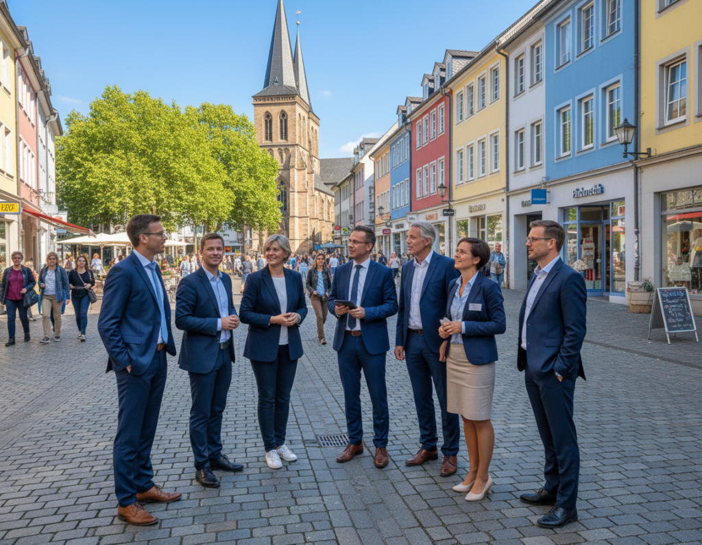 A guided city tour in Mönchengladbach, showcasing vibrant street life. In the foreground, a small group of tourists, dressed in professional business attire, attentively listens to a knowledgeable guide pointing out historical landmarks. The middle ground features charming architecture typical of Mönchengladbach, including the beautiful St. Vitus Church and colorful storefronts, all bathed in warm, inviting sunlight. In the background, lush trees frame the scene, adding a touch of greenery to the urban landscape. The atmosphere is lively yet relaxed, with a clear blue sky above. Utilize a wide-angle lens to capture the sense of space and depth, enhancing the inviting ambiance of a city full of history and culture. A guided city tour in Mönchengladbach, showcasing vibrant street life. In the foreground, a small group of tourists, dressed in professional business attire, attentively listens to a knowledgeable guide pointing out historical landmarks. The middle ground features charming architecture typical of Mönchengladbach, including the beautiful St. Vitus Church and colorful storefronts, all bathed in warm, inviting sunlight. In the background, lush trees frame the scene, adding a touch of greenery to the urban landscape. The atmosphere is lively yet relaxed, with a clear blue sky above. Utilize a wide-angle lens to capture the sense of space and depth, enhancing the inviting ambiance of a city full of history and culture.