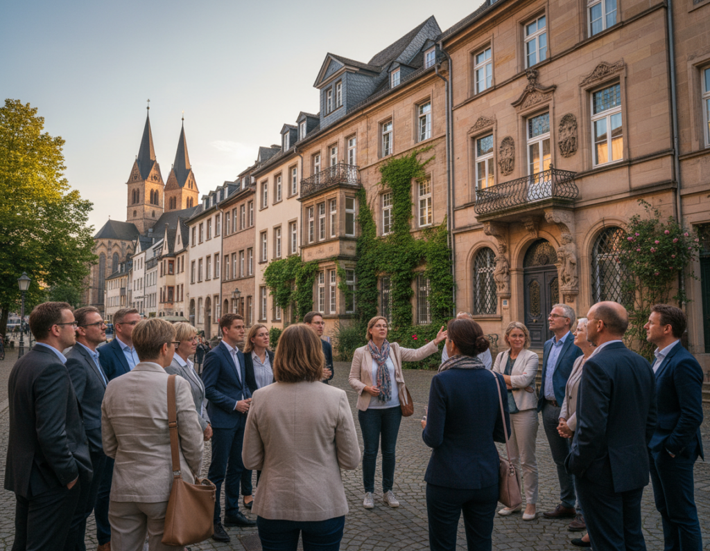 A guided tour in Mönchengladbach, showcasing the city's rich history. In the foreground, a diverse group of tourists in professional business attire is attentively listening to a knowledgeable tour guide, who is gesturing enthusiastically. The middle ground features historic buildings with intriguing architectural details, like vintage façades and ornate windows, adorned with climbing vines. In the background, the silhouette of St. Vitus Church rises against a soft blue sky, capturing the essence of the city. The lighting is warm and inviting, suggesting an early evening atmosphere, while soft shadows enrich the scene. The image embodies a sense of discovery and admiration for Mönchengladbach's heritage, inviting viewers to experience its historical charm. A guided tour in Mönchengladbach, showcasing the city's rich history. In the foreground, a diverse group of tourists in professional business attire is attentively listening to a knowledgeable tour guide, who is gesturing enthusiastically. The middle ground features historic buildings with intriguing architectural details, like vintage façades and ornate windows, adorned with climbing vines. In the background, the silhouette of St. Vitus Church rises against a soft blue sky, capturing the essence of the city. The lighting is warm and inviting, suggesting an early evening atmosphere, while soft shadows enrich the scene. The image embodies a sense of discovery and admiration for Mönchengladbach's heritage, inviting viewers to experience its historical charm.