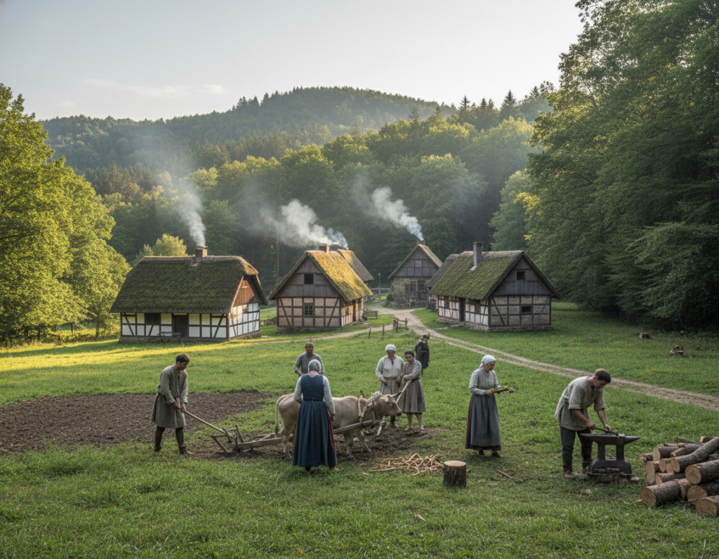 A historical scene depicting the earliest settlement of Bergisch Gladbach, showcasing a verdant landscape with lush hills in the background. In the foreground, illustrate a small gathering of early settlers—people dressed in simple, rustic clothing, engaged in daily activities like farming and crafting. The middle ground features traditional timber-framed houses, with smoke gently rising from chimneys, symbolizing community life. Soft, golden sunlight filters through the trees, casting dappled shadows on the ground, creating a warm, inviting atmosphere. The lens captures a slight depth of field to emphasize the settlers while keeping the village and hills beautifully detailed. The overall mood is calm and reflective, conveying a sense of connection to the past. A historical scene depicting the earliest settlement of Bergisch Gladbach, showcasing a verdant landscape with lush hills in the background. In the foreground, illustrate a small gathering of early settlers—people dressed in simple, rustic clothing, engaged in daily activities like farming and crafting. The middle ground features traditional timber-framed houses, with smoke gently rising from chimneys, symbolizing community life. Soft, golden sunlight filters through the trees, casting dappled shadows on the ground, creating a warm, inviting atmosphere. The lens captures a slight depth of field to emphasize the settlers while keeping the village and hills beautifully detailed. The overall mood is calm and reflective, conveying a sense of connection to the past.