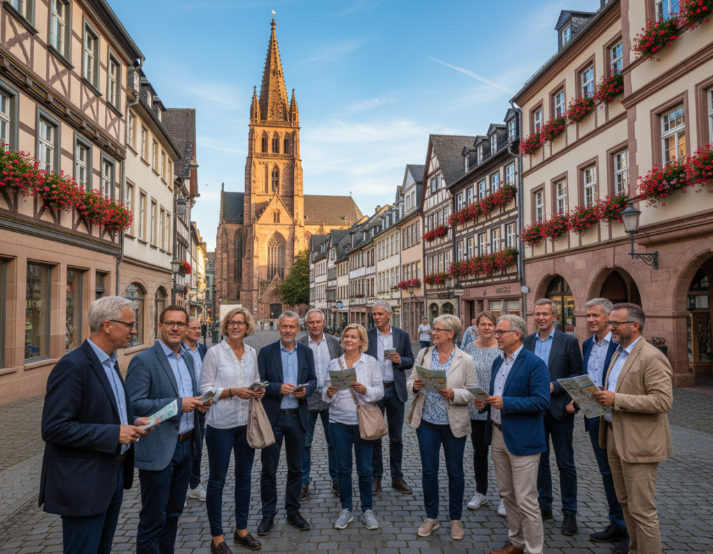 A picturesque city scene of Mönchengladbach preparing for a guided city tour. In the foreground, a diverse group of adults in business casual attire gather, holding maps and discussing, exuding curiosity and excitement. The middle ground features a charming cobblestone street lined with historic buildings showcasing a mix of architectural styles, with vibrant flowers in window boxes adding a touch of color. In the background, the iconic St. Vitus Church towers over the landscape, bathed in warm, golden sunlight that enhances the inviting atmosphere. The scene captures a clear blue sky, suggesting a pleasant day for exploration. The overall mood is lively and engaging, with a focus on community and discovery. The lens perspective is slightly elevated, allowing for a comprehensive view of the setting. A picturesque city scene of Mönchengladbach preparing for a guided city tour. In the foreground, a diverse group of adults in business casual attire gather, holding maps and discussing, exuding curiosity and excitement. The middle ground features a charming cobblestone street lined with historic buildings showcasing a mix of architectural styles, with vibrant flowers in window boxes adding a touch of color. In the background, the iconic St. Vitus Church towers over the landscape, bathed in warm, golden sunlight that enhances the inviting atmosphere. The scene captures a clear blue sky, suggesting a pleasant day for exploration. The overall mood is lively and engaging, with a focus on community and discovery. The lens perspective is slightly elevated, allowing for a comprehensive view of the setting.
