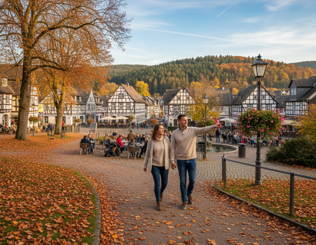 A picturesque view of Bergisch Gladbach during the best travel time, highlighting its vibrant seasonal charm. In the foreground, a scenic park with colorful autumn leaves, inviting paths, and a walking couple in modest casual clothing enjoying the scenery. The middle ground features traditional half-timbered houses, quaint cafes, and people engaging in casual conversations, capturing the warm and welcoming atmosphere of the town. In the background, the rolling hills and lush greenery under a clear blue sky, with soft sunlight casting a warm glow, creating a serene feeling. The composition should evoke a sense of exploration and tranquility, inviting viewers to imagine experiencing the beauty of Bergisch Gladbach throughout the year. A picturesque view of Bergisch Gladbach during the best travel time, highlighting its vibrant seasonal charm. In the foreground, a scenic park with colorful autumn leaves, inviting paths, and a walking couple in modest casual clothing enjoying the scenery. The middle ground features traditional half-timbered houses, quaint cafes, and people engaging in casual conversations, capturing the warm and welcoming atmosphere of the town. In the background, the rolling hills and lush greenery under a clear blue sky, with soft sunlight casting a warm glow, creating a serene feeling. The composition should evoke a sense of exploration and tranquility, inviting viewers to imagine experiencing the beauty of Bergisch Gladbach throughout the year.