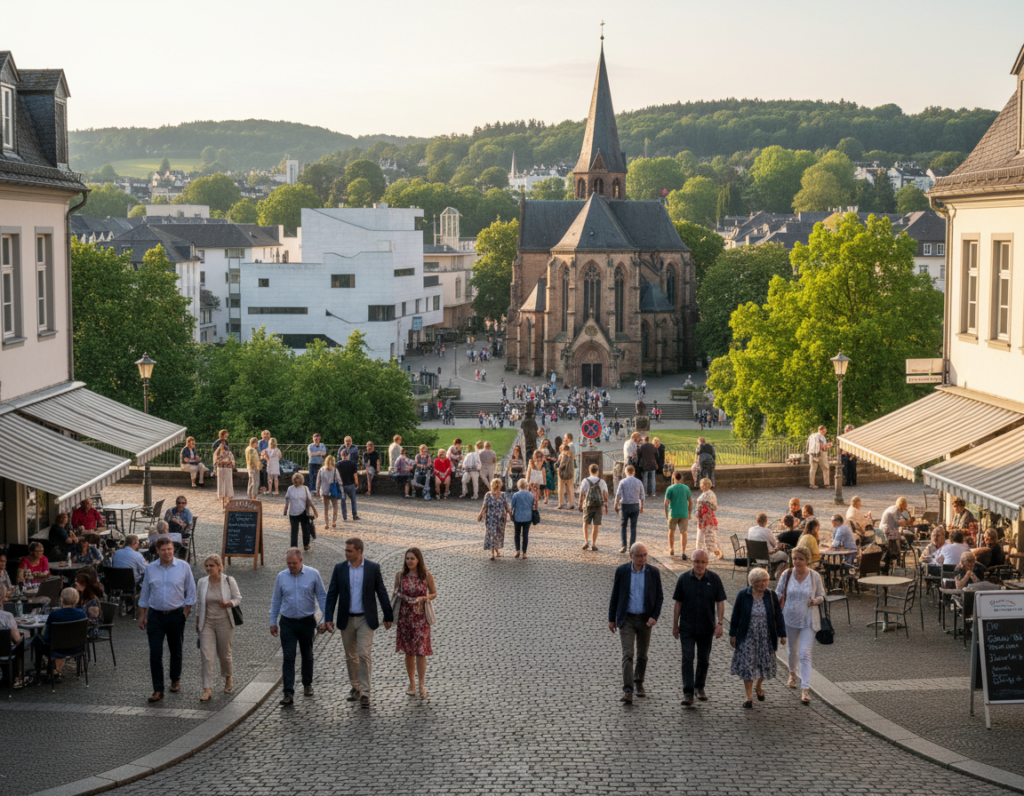 A picturesque view of Mönchengladbach showcasing its cultural landmarks and museums. In the foreground, include a charming cobblestone street lined with quaint cafes and people dressed in smart casual attire exploring the area. In the middle ground, highlight the stunning architecture of prominent buildings such as the Abteiberg Museum and the historic St. Vitus Church, with people engaging in conversation and admiring the structures. The background should feature lush green spaces and trees that add vibrancy to the scene. Use soft, natural lighting to create a warm, inviting atmosphere during late afternoon, capturing a sense of community and cultural richness. Employ a slightly elevated angle to provide a comprehensive view that encapsulates the charm and allure of Mönchengladbach’s cultural treasures. A picturesque view of Mönchengladbach showcasing its cultural landmarks and museums. In the foreground, include a charming cobblestone street lined with quaint cafes and people dressed in smart casual attire exploring the area. In the middle ground, highlight the stunning architecture of prominent buildings such as the Abteiberg Museum and the historic St. Vitus Church, with people engaging in conversation and admiring the structures. The background should feature lush green spaces and trees that add vibrancy to the scene. Use soft, natural lighting to create a warm, inviting atmosphere during late afternoon, capturing a sense of community and cultural richness. Employ a slightly elevated angle to provide a comprehensive view that encapsulates the charm and allure of Mönchengladbach’s cultural treasures.