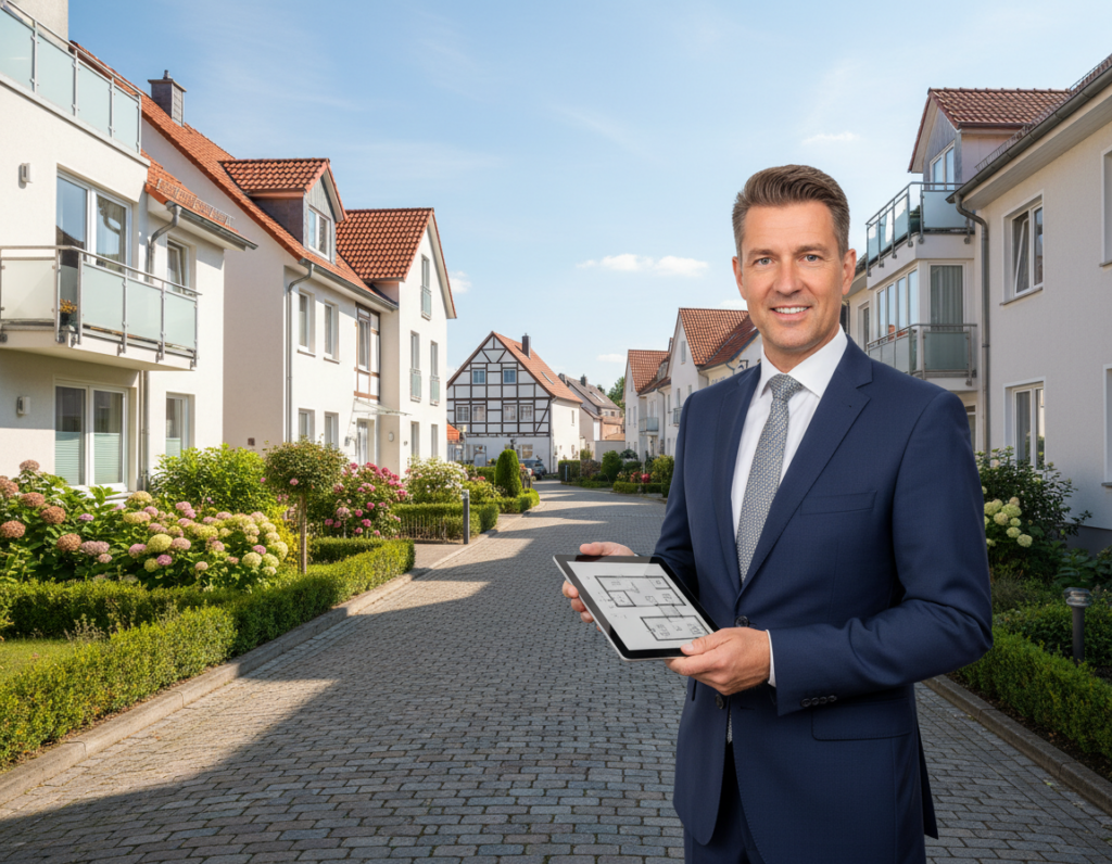 A professional real estate agent standing in a residential area of Mönchengladbach, surrounded by charming townhouses and well-maintained gardens. The foreground features the agent, a middle-aged man in a smart navy suit, holding a tablet, with a friendly expression suggesting approachability and expertise. In the middle ground, several residential buildings typical of Mönchengladbach’s architecture can be seen, showcasing a mix of modern and traditional styles. The background features a clear blue sky and gentle sunlight illuminating the scene, casting soft shadows. The mood is inviting and professional, emphasizing the theme of guidance and community in real estate. The angle is slightly elevated, capturing both the agent and the inviting neighborhood atmosphere. A professional real estate agent standing in a residential area of Mönchengladbach, surrounded by charming townhouses and well-maintained gardens. The foreground features the agent, a middle-aged man in a smart navy suit, holding a tablet, with a friendly expression suggesting approachability and expertise. In the middle ground, several residential buildings typical of Mönchengladbach’s architecture can be seen, showcasing a mix of modern and traditional styles. The background features a clear blue sky and gentle sunlight illuminating the scene, casting soft shadows. The mood is inviting and professional, emphasizing the theme of guidance and community in real estate. The angle is slightly elevated, capturing both the agent and the inviting neighborhood atmosphere.