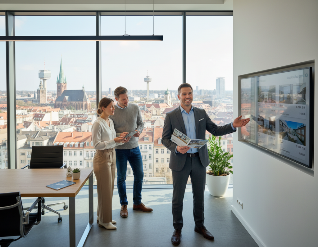 A professional real estate agent stands in a modern office space, engaging with a couple looking for an apartment in Leipzig. The foreground features the agent, dressed in a tailored business suit, holding property brochures while smiling and gesturing towards a digital display of apartment listings. In the middle ground, the couple appears intrigued, casually dressed but polished, examining the listings on a tablet. The background showcases a panoramic view of Leipzig's skyline, including notable landmarks like St. Thomas Church and the Leipzig University, under a bright, inviting light filtering through large windows. The atmosphere conveys optimism and collaboration, reflecting the excitement of finding the perfect apartment after a city tour. Use a wide-angle lens to capture the entire scene, highlighting both the office's professionalism and the city's charm. A professional real estate agent stands in a modern office space, engaging with a couple looking for an apartment in Leipzig. The foreground features the agent, dressed in a tailored business suit, holding property brochures while smiling and gesturing towards a digital display of apartment listings. In the middle ground, the couple appears intrigued, casually dressed but polished, examining the listings on a tablet. The background showcases a panoramic view of Leipzig's skyline, including notable landmarks like St. Thomas Church and the Leipzig University, under a bright, inviting light filtering through large windows. The atmosphere conveys optimism and collaboration, reflecting the excitement of finding the perfect apartment after a city tour. Use a wide-angle lens to capture the entire scene, highlighting both the office's professionalism and the city's charm.
