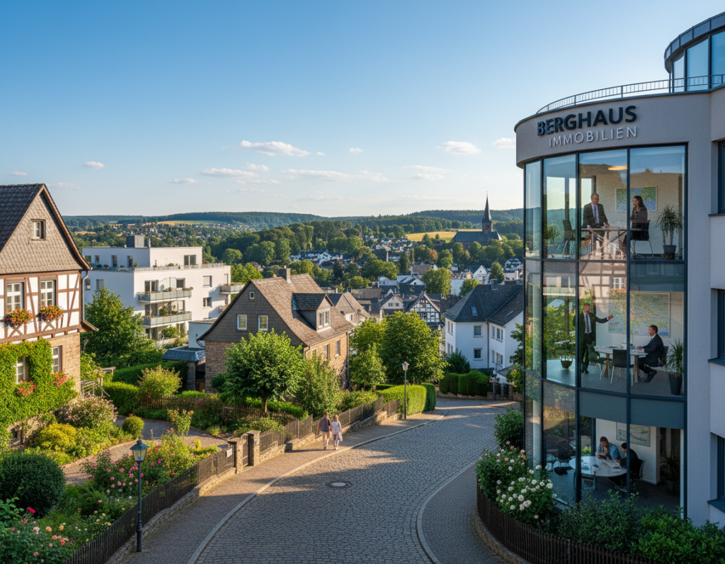 A scenic view of real estate properties in Bergisch Gladbach, showcasing a mix of modern and traditional architecture. In the foreground, a charming street lined with well-maintained homes featuring lush gardens and inviting doorways. The middle ground displays a local real estate office with large glass windows, hinting at professional activity inside where agents discuss properties with clients in smart business attire. In the background, the picturesque hills surrounding the town under a clear blue sky, with soft, natural lighting creating a warm atmosphere. The composition should highlight the community feel of Bergisch Gladbach, capturing both the beauty and opportunities of real estate in this idyllic German town. A scenic view of real estate properties in Bergisch Gladbach, showcasing a mix of modern and traditional architecture. In the foreground, a charming street lined with well-maintained homes featuring lush gardens and inviting doorways. The middle ground displays a local real estate office with large glass windows, hinting at professional activity inside where agents discuss properties with clients in smart business attire. In the background, the picturesque hills surrounding the town under a clear blue sky, with soft, natural lighting creating a warm atmosphere. The composition should highlight the community feel of Bergisch Gladbach, capturing both the beauty and opportunities of real estate in this idyllic German town.