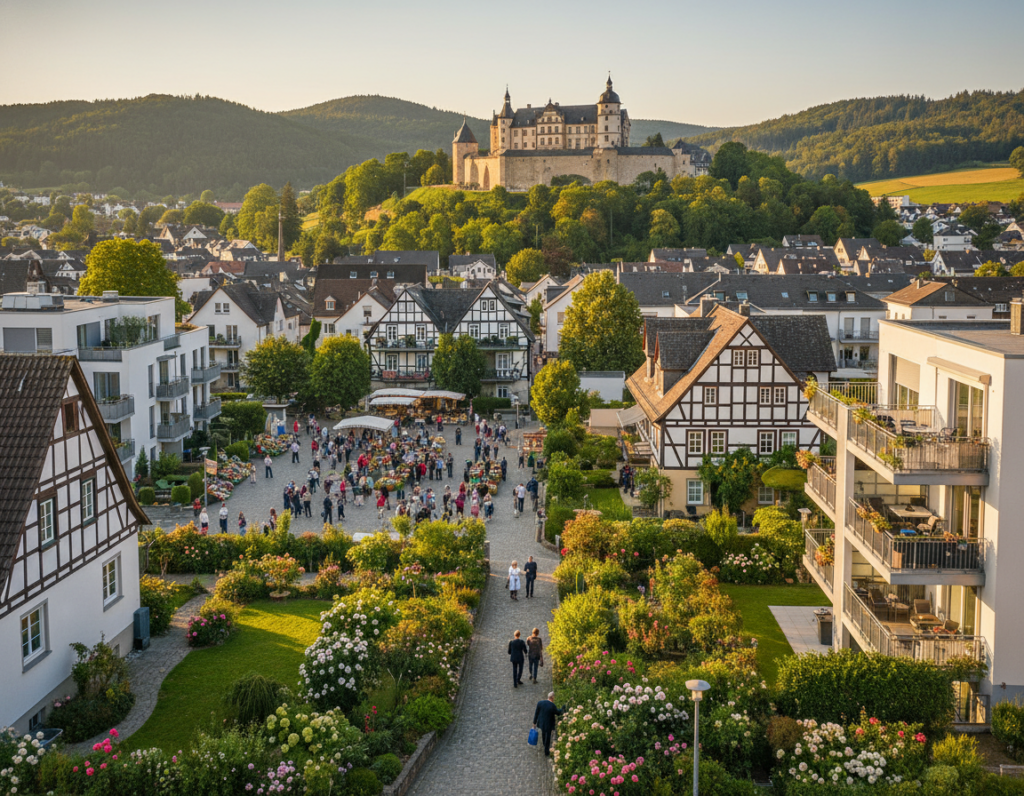 A scenic view showcasing the diverse neighborhoods of Bergisch Gladbach, Germany. In the foreground, depict charming residential homes with distinct architectural styles, featuring half-timbered buildings and modern flats, adorned with lush gardens and colorful flowerbeds. In the middle ground, include bustling local markets with people dressed in professional business attire and modest casual clothing, engaging in community life. The background should feature rolling green hills and historical landmarks, such as the impressive Bensberg Castle, bathed in warm, golden afternoon sunlight. Use a wide-angle lens to capture the vibrant street life and the serene landscape, creating an inviting and warm atmosphere that highlights the character of each Stadtteil. A scenic view showcasing the diverse neighborhoods of Bergisch Gladbach, Germany. In the foreground, depict charming residential homes with distinct architectural styles, featuring half-timbered buildings and modern flats, adorned with lush gardens and colorful flowerbeds. In the middle ground, include bustling local markets with people dressed in professional business attire and modest casual clothing, engaging in community life. The background should feature rolling green hills and historical landmarks, such as the impressive Bensberg Castle, bathed in warm, golden afternoon sunlight. Use a wide-angle lens to capture the vibrant street life and the serene landscape, creating an inviting and warm atmosphere that highlights the character of each Stadtteil.