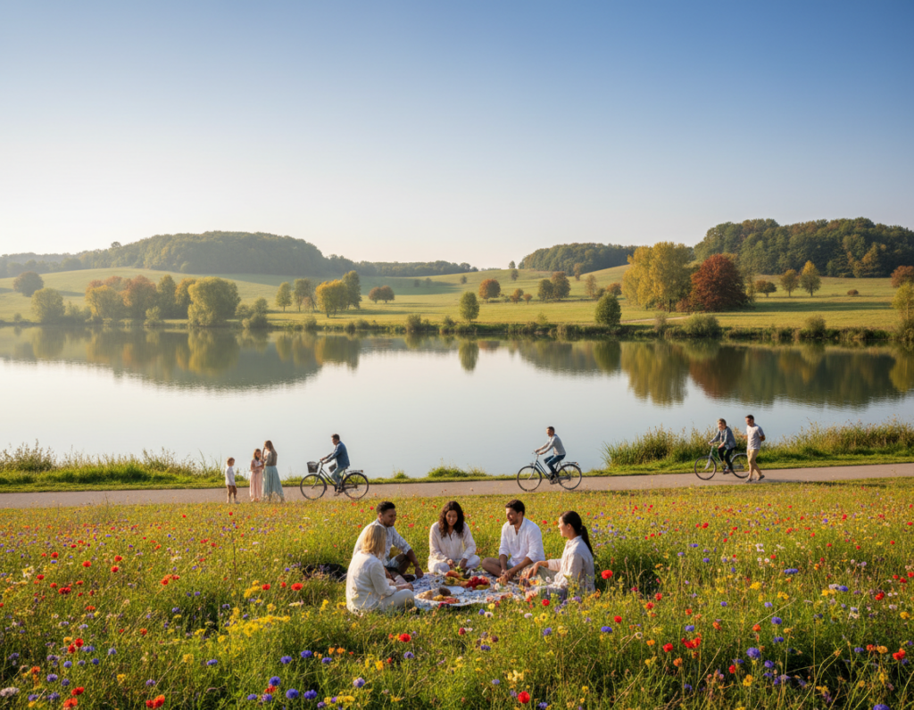 A serene landscape of Leipzig's Neuseenland, showcasing lush green oases surrounded by tranquil lakes. In the foreground, vibrant wildflowers bloom along the water's edge, while a group of diverse people in modest casual clothing enjoys a relaxing day, some picnicking and others cycling on a well-maintained path. The middle ground features gently rolling hills, dotted with trees and colorful foliage that evoke a sense of peace. In the background, soft blue skies stretch overhead, filtered sunlight creates a warm ambiance, casting gentle reflections on the surface of the water. The composition is wide-angle, emphasizing the harmony between nature and leisure activities, inviting the viewer to immerse in the tranquil beauty of this urban oasis. A serene landscape of Leipzig's Neuseenland, showcasing lush green oases surrounded by tranquil lakes. In the foreground, vibrant wildflowers bloom along the water's edge, while a group of diverse people in modest casual clothing enjoys a relaxing day, some picnicking and others cycling on a well-maintained path. The middle ground features gently rolling hills, dotted with trees and colorful foliage that evoke a sense of peace. In the background, soft blue skies stretch overhead, filtered sunlight creates a warm ambiance, casting gentle reflections on the surface of the water. The composition is wide-angle, emphasizing the harmony between nature and leisure activities, inviting the viewer to immerse in the tranquil beauty of this urban oasis.