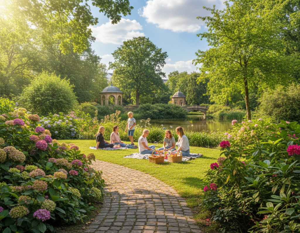 A tranquil park in Mönchengladbach, filled with lush greenery and vibrant flowers, captures the essence of nature in a city setting. In the foreground, a winding path lined with blooming shrubs invites visitors to explore. In the middle ground, families enjoy leisurely picnics on the grass, with children playing nearby, all dressed in casual clothing. Bright sunlight filters through the tall trees, casting dappled shadows on the ground. In the background, historical park structures can be seen, surrounded by dense foliage, with a serene pond reflecting the blue sky. The atmosphere is peaceful and rejuvenating, illustrating a harmonious blend of nature and urban life, highlighting Mönchengladbach’s green spaces. The image should be bright and inviting, shot from a low angle to emphasize the beauty of the natural elements. A tranquil park in Mönchengladbach, filled with lush greenery and vibrant flowers, captures the essence of nature in a city setting. In the foreground, a winding path lined with blooming shrubs invites visitors to explore. In the middle ground, families enjoy leisurely picnics on the grass, with children playing nearby, all dressed in casual clothing. Bright sunlight filters through the tall trees, casting dappled shadows on the ground. In the background, historical park structures can be seen, surrounded by dense foliage, with a serene pond reflecting the blue sky. The atmosphere is peaceful and rejuvenating, illustrating a harmonious blend of nature and urban life, highlighting Mönchengladbach’s green spaces. The image should be bright and inviting, shot from a low angle to emphasize the beauty of the natural elements.