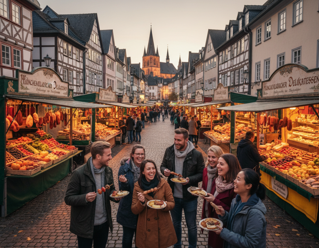 A vibrant culinary scene in Mönchengladbach, showcasing a bustling outdoor market with colorful stalls filled with fresh fruits, vegetables, and local delicacies. In the foreground, a diverse group of friends, dressed in modest casual clothing, enthusiastically sampling various dishes from artisan vendors. The middle ground features a charming cobblestone street lined with quaint cafes and bakeries, showcasing traditional German architecture. In the background, the historic landmarks of Mönchengladbach can be seen, softly illuminated by warm, ambient evening light. The atmosphere conveys a sense of joy and community, inviting viewers to experience the rich culinary culture of the city, captured from a slightly elevated angle to provide a comprehensive view of the delightful scene. A vibrant culinary scene in Mönchengladbach, showcasing a bustling outdoor market with colorful stalls filled with fresh fruits, vegetables, and local delicacies. In the foreground, a diverse group of friends, dressed in modest casual clothing, enthusiastically sampling various dishes from artisan vendors. The middle ground features a charming cobblestone street lined with quaint cafes and bakeries, showcasing traditional German architecture. In the background, the historic landmarks of Mönchengladbach can be seen, softly illuminated by warm, ambient evening light. The atmosphere conveys a sense of joy and community, inviting viewers to experience the rich culinary culture of the city, captured from a slightly elevated angle to provide a comprehensive view of the delightful scene.