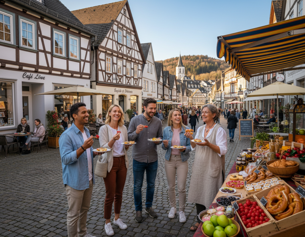 A vibrant culinary tour scene in Bergisch Gladbach, featuring a picturesque cobblestone street lined with charming boutiques and cafés. In the foreground, a small group of diverse tourists in professional casual attire are joyfully sampling local delicacies from a colorful outdoor market stall adorned with seasonal fruits and artisanal pastries. In the middle ground, a local guide enthusiastically shares stories about the region's culinary history, surrounded by quaint buildings depicting traditional architecture. The background showcases lush greenery and the iconic Bergisch Gladbach skyline under a clear blue sky, with warm, inviting sunlight casting soft shadows. The atmosphere is lively and festive, evoking a sense of discovery and community. The image should be bright and cheerful, captured with a slightly wide-angle lens to encompass the vibrancy of this culinary experience. A vibrant culinary tour scene in Bergisch Gladbach, featuring a picturesque cobblestone street lined with charming boutiques and cafés. In the foreground, a small group of diverse tourists in professional casual attire are joyfully sampling local delicacies from a colorful outdoor market stall adorned with seasonal fruits and artisanal pastries. In the middle ground, a local guide enthusiastically shares stories about the region's culinary history, surrounded by quaint buildings depicting traditional architecture. The background showcases lush greenery and the iconic Bergisch Gladbach skyline under a clear blue sky, with warm, inviting sunlight casting soft shadows. The atmosphere is lively and festive, evoking a sense of discovery and community. The image should be bright and cheerful, captured with a slightly wide-angle lens to encompass the vibrancy of this culinary experience.