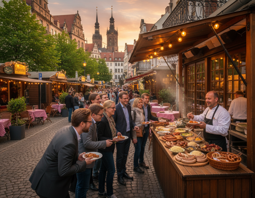 A vibrant culinary tour scene in Leipzig, showcasing a lively street filled with colorful food stalls and local restaurants. In the foreground, a diverse group of people, dressed in professional business attire and modest casual clothing, are enthusiastically engaging with a cheerful local chef serving traditional German dishes. The middle ground features elegantly designed restaurant facades with outdoor seating, adorned with string lights creating a warm atmosphere. The background includes the iconic architecture of Leipzig, with historic buildings and greenery. Golden hour lighting casts a warm, inviting glow over the scene, emphasizing the joyful mood and the rich culinary heritage of the city. The angle is slightly elevated, providing a dynamic perspective that captures the energy and vibrancy of the gastronomic experience in Leipzig. A vibrant culinary tour scene in Leipzig, showcasing a lively street filled with colorful food stalls and local restaurants. In the foreground, a diverse group of people, dressed in professional business attire and modest casual clothing, are enthusiastically engaging with a cheerful local chef serving traditional German dishes. The middle ground features elegantly designed restaurant facades with outdoor seating, adorned with string lights creating a warm atmosphere. The background includes the iconic architecture of Leipzig, with historic buildings and greenery. Golden hour lighting casts a warm, inviting glow over the scene, emphasizing the joyful mood and the rich culinary heritage of the city. The angle is slightly elevated, providing a dynamic perspective that captures the energy and vibrancy of the gastronomic experience in Leipzig.
