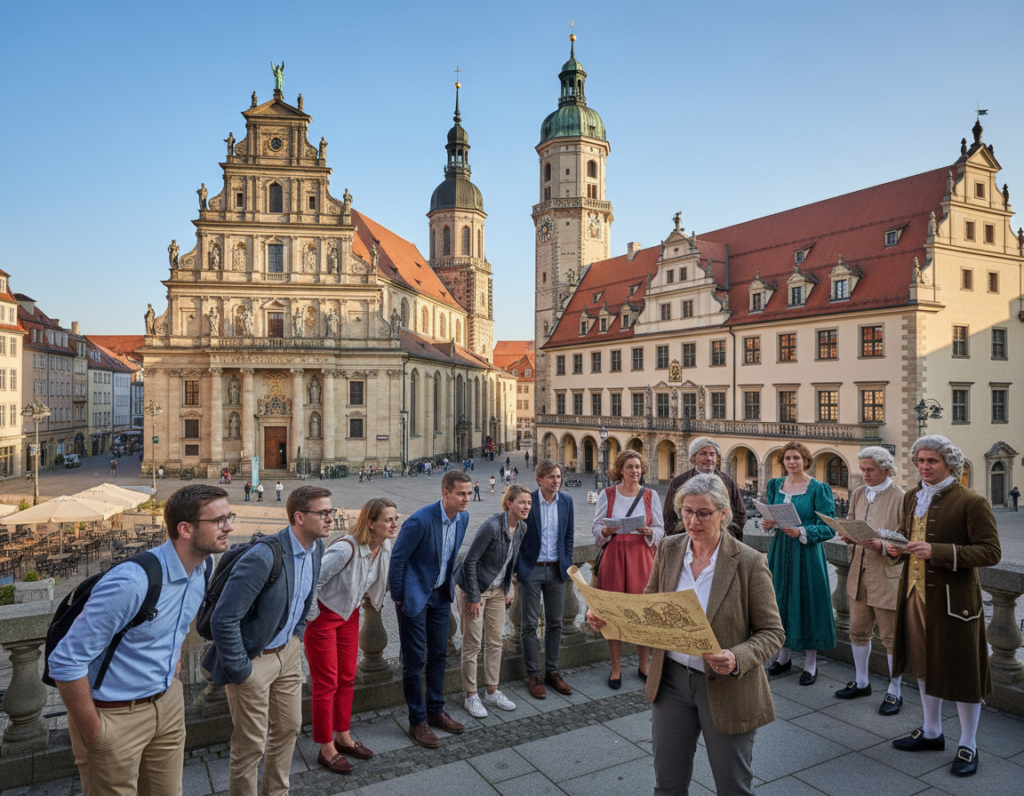 A vibrant scene depicting a historical tour in Leipzig's Altstadt, focusing on renowned personalities from the city’s rich past. In the foreground, a diverse group of tourists in smart casual clothing, attentively listening to a knowledgeable guide holding a vintage map. The middle ground reveals magnificent Baroque and Gothic architectural landmarks, such as the St. Nicholas Church and the Old Town Hall, beautifully detailed with ornate facades. In the background, a clear blue sky casts warm, inviting sunlight, enhancing the historical ambiance. The atmosphere is lively yet educational, capturing the essence of exploration and discovery in this culturally significant area. The composition is framed with a slightly elevated perspective, creating a sense of invitation for viewers to join the journey through Leipzig's illustrious heritage. A vibrant scene depicting a historical tour in Leipzig's Altstadt, focusing on renowned personalities from the city’s rich past. In the foreground, a diverse group of tourists in smart casual clothing, attentively listening to a knowledgeable guide holding a vintage map. The middle ground reveals magnificent Baroque and Gothic architectural landmarks, such as the St. Nicholas Church and the Old Town Hall, beautifully detailed with ornate facades. In the background, a clear blue sky casts warm, inviting sunlight, enhancing the historical ambiance. The atmosphere is lively yet educational, capturing the essence of exploration and discovery in this culturally significant area. The composition is framed with a slightly elevated perspective, creating a sense of invitation for viewers to join the journey through Leipzig's illustrious heritage.