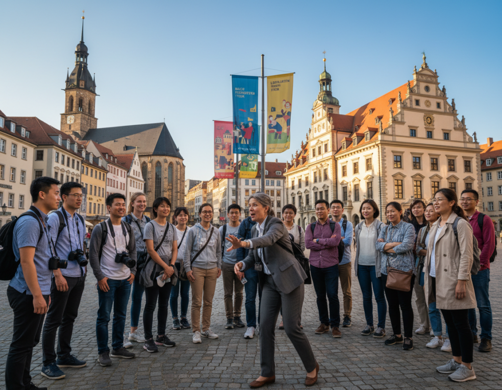 A vibrant scene of a guided city tour in Leipzig, showcasing a diverse group of tourists engaging with a knowledgeable guide. In the foreground, the guide, a middle-aged woman in professional attire, enthusiastically points to historical buildings, while participants of various ages and ethnicities listen attentively, dressed in modest casual clothing. The middle ground features iconic Leipzig architecture, like the St. Thomas Church and the Old Town Hall, adorned with colorful banners reflecting different themed tours. In the background, a clear blue sky enhances the warmth of the late afternoon sunlight, bathing the scene in a golden glow. Capture the atmosphere of curiosity and enjoyment, emphasizing the rich cultural experience of Leipzig city tours. Use a wide-angle lens to create depth and perspective. A vibrant scene of a guided city tour in Leipzig, showcasing a diverse group of tourists engaging with a knowledgeable guide. In the foreground, the guide, a middle-aged woman in professional attire, enthusiastically points to historical buildings, while participants of various ages and ethnicities listen attentively, dressed in modest casual clothing. The middle ground features iconic Leipzig architecture, like the St. Thomas Church and the Old Town Hall, adorned with colorful banners reflecting different themed tours. In the background, a clear blue sky enhances the warmth of the late afternoon sunlight, bathing the scene in a golden glow. Capture the atmosphere of curiosity and enjoyment, emphasizing the rich cultural experience of Leipzig city tours. Use a wide-angle lens to create depth and perspective.