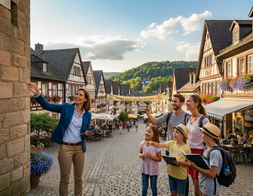 A vibrant scene of thematic city tours in Bergisch Gladbach, showcasing a diverse group of tourists engaged in various guided activities. In the foreground, a knowledgeable tour guide, dressed in smart casual attire, stands with an animated expression, pointing at a historical landmark. Nearby, a small group of tourists, including a couple and a family, are captivated, taking notes and photos. The middle ground features charming, half-timbered houses and cobblestone streets adorned with flowers, as local cafes invite visitors to relax. In the background, rolling green hills softly frame the cityscape under a bright blue sky, with warm sunlight bathing the scene in a welcoming glow. The atmosphere is lively and inviting, illustrating the rich culture of Bergisch Gladbach. A vibrant scene of thematic city tours in Bergisch Gladbach, showcasing a diverse group of tourists engaged in various guided activities. In the foreground, a knowledgeable tour guide, dressed in smart casual attire, stands with an animated expression, pointing at a historical landmark. Nearby, a small group of tourists, including a couple and a family, are captivated, taking notes and photos. The middle ground features charming, half-timbered houses and cobblestone streets adorned with flowers, as local cafes invite visitors to relax. In the background, rolling green hills softly frame the cityscape under a bright blue sky, with warm sunlight bathing the scene in a welcoming glow. The atmosphere is lively and inviting, illustrating the rich culture of Bergisch Gladbach.