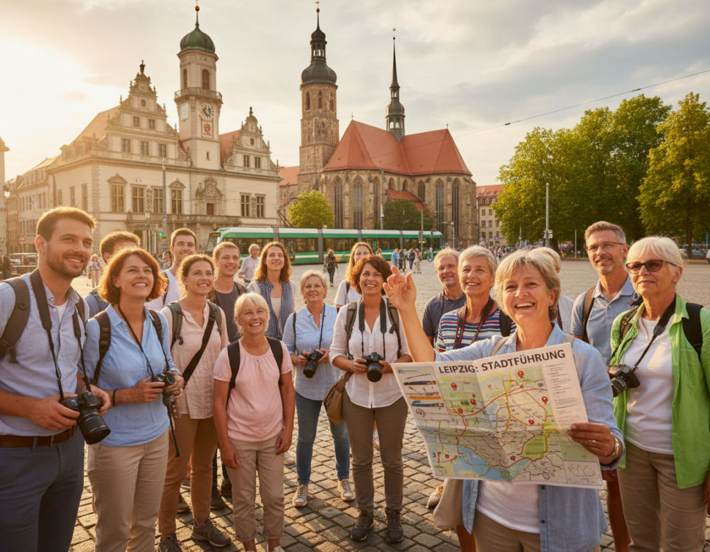 A vibrant street scene in Leipzig showcasing a guided city tour. In the foreground, a diverse group of tourists of various ages, dressed in comfortable, modest clothing, is engaged with a knowledgeable tour guide pointing out historical landmarks. The group is gathered around a map illustrating key points of interest in Leipzig. In the middle ground, showcase the iconic architecture of Leipzig, featuring the Old Town Hall and St. Thomas Church, illuminated by soft, warm sunlight. In the background, lush trees and the sky blend with the cityscape. Capture a cheerful and inviting atmosphere, as if everyone is enjoying their exploration of the city. Use a slightly elevated angle to encompass the bustling environment, creating a sense of discovery and excitement. A vibrant street scene in Leipzig showcasing a guided city tour. In the foreground, a diverse group of tourists of various ages, dressed in comfortable, modest clothing, is engaged with a knowledgeable tour guide pointing out historical landmarks. The group is gathered around a map illustrating key points of interest in Leipzig. In the middle ground, showcase the iconic architecture of Leipzig, featuring the Old Town Hall and St. Thomas Church, illuminated by soft, warm sunlight. In the background, lush trees and the sky blend with the cityscape. Capture a cheerful and inviting atmosphere, as if everyone is enjoying their exploration of the city. Use a slightly elevated angle to encompass the bustling environment, creating a sense of discovery and excitement.
