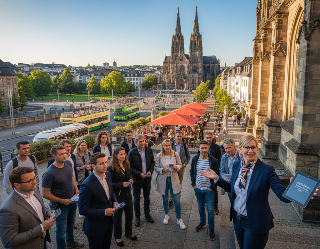 A vibrant street scene in Mönchengladbach showcasing various city tours. In the foreground, a diverse group of tourists dressed in professional business attire and modest casual clothing, listening attentively to a well-dressed tour guide pointing towards a historic building. The middle ground features iconic landmarks like the St. Vitus Cathedral and bustling outdoor cafés, filled with people enjoying their day. The background is a picturesque cityscape under a clear blue sky, with trees lining the boulevard. The lighting is bright and inviting, capturing the essence of a sunny day. The mood is cheerful and engaging, conveying the excitement of exploring different types of city tours available for all tastes. The composition captures an angled view, giving depth to the lively city atmosphere. A vibrant street scene in Mönchengladbach showcasing various city tours. In the foreground, a diverse group of tourists dressed in professional business attire and modest casual clothing, listening attentively to a well-dressed tour guide pointing towards a historic building. The middle ground features iconic landmarks like the St. Vitus Cathedral and bustling outdoor cafés, filled with people enjoying their day. The background is a picturesque cityscape under a clear blue sky, with trees lining the boulevard. The lighting is bright and inviting, capturing the essence of a sunny day. The mood is cheerful and engaging, conveying the excitement of exploring different types of city tours available for all tastes. The composition captures an angled view, giving depth to the lively city atmosphere.