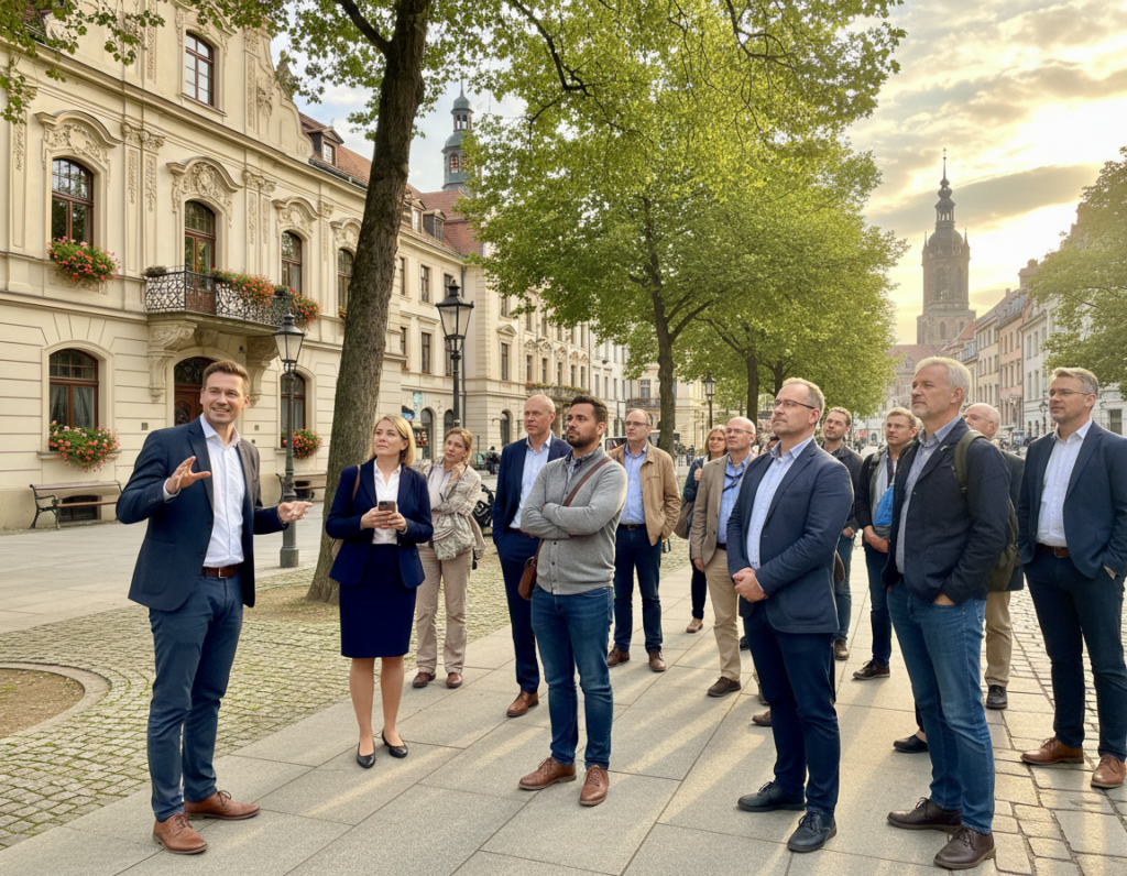 An inviting scene depicting a guided walking tour in Leipzig, showcasing a diverse group of tourists in professional business attire and modest casual clothing, engaging with a knowledgeable local guide. In the foreground, the guide points towards a historic building, exuding enthusiasm. The middle ground features classic Leipzig architecture with elegant facades and lush greenery, emphasizing the city's rich history. In the background, soft sunlight filters through trees, casting dappled light on cobblestone streets, creating a warm and welcoming atmosphere. The image should be captured with a slightly elevated angle, offering a broad view of the vibrant tour scene while emphasizing the charm of Leipzig. An inviting scene depicting a guided walking tour in Leipzig, showcasing a diverse group of tourists in professional business attire and modest casual clothing, engaging with a knowledgeable local guide. In the foreground, the guide points towards a historic building, exuding enthusiasm. The middle ground features classic Leipzig architecture with elegant facades and lush greenery, emphasizing the city's rich history. In the background, soft sunlight filters through trees, casting dappled light on cobblestone streets, creating a warm and welcoming atmosphere. The image should be captured with a slightly elevated angle, offering a broad view of the vibrant tour scene while emphasizing the charm of Leipzig.